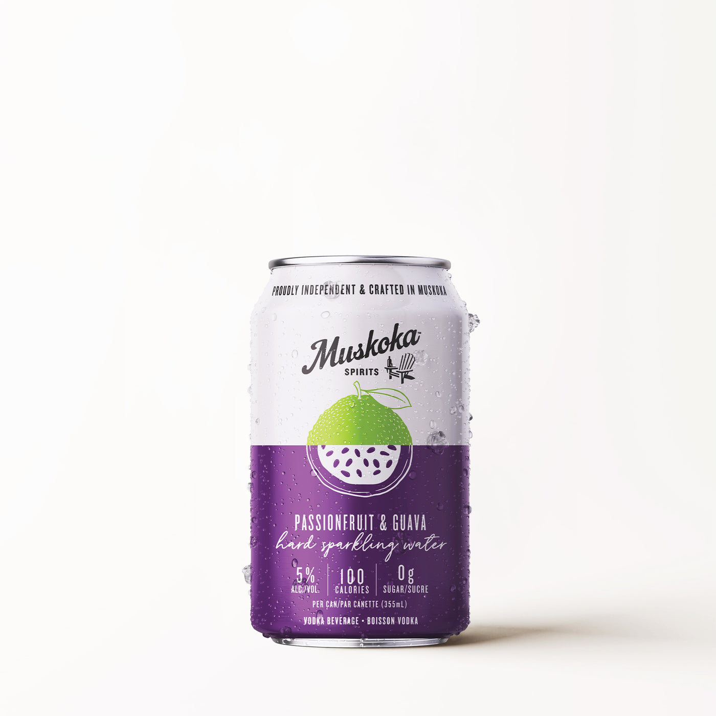 A can of Muskoka Spirits Passionfruit & Guava Hard Sparkling Water with a purple and green label, displaying the product name and the amount of alcohol and calories.